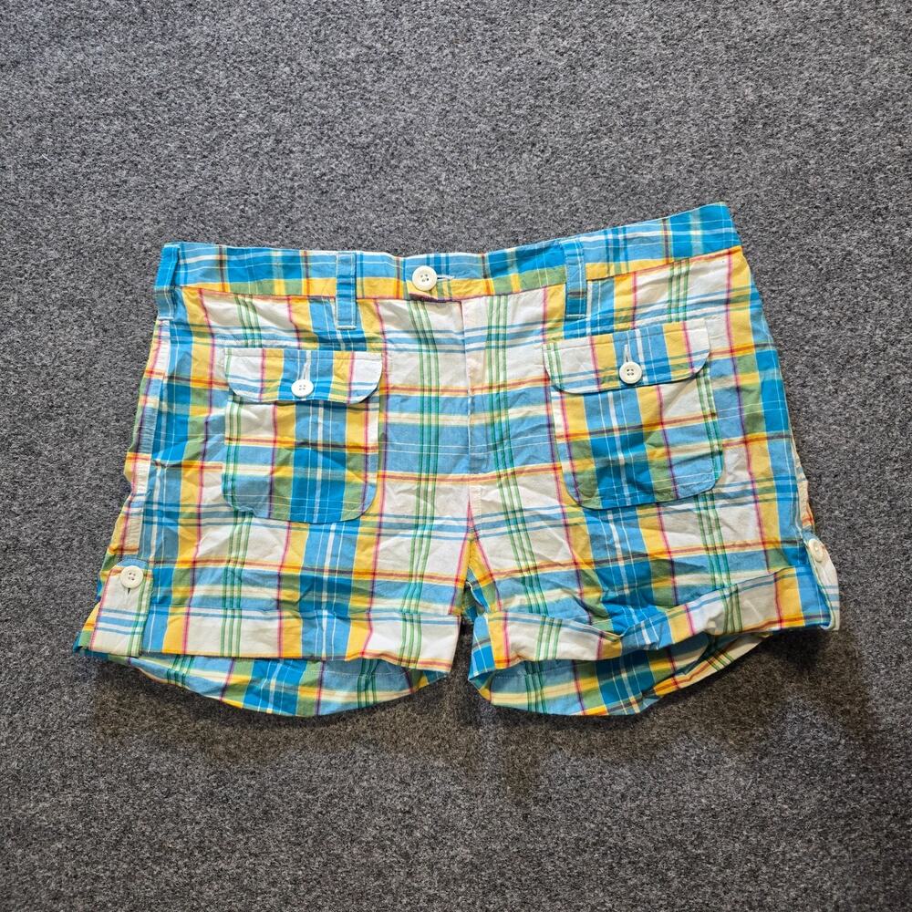 Polo Jeans Shorts Woemns Size 14 Yellow Blue Plaid Cuffed 3 Inch Pockets Casual